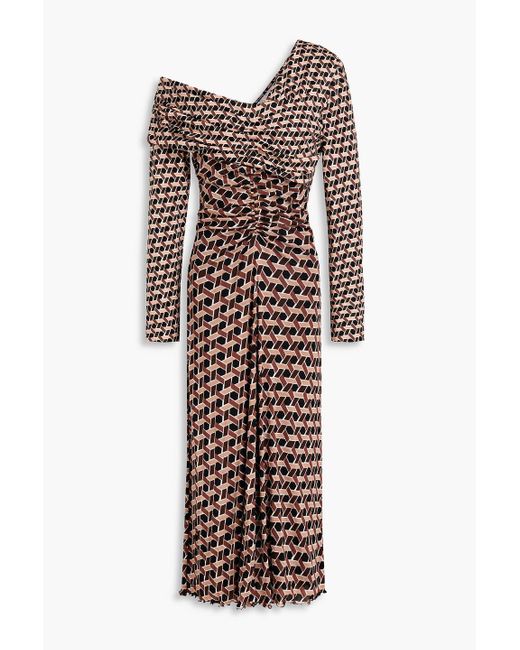 Diane von Furstenberg Brown Leia One-shoulder Printed Jersey And Stretch-mesh Midi Dress