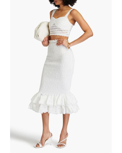 Charo Ruiz White Liliana Shirred Broderie Anglaise Cotton-Blend Midi Skirt