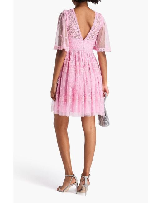 Needle & Thread Pink Crochet-trimmed Embroidered Tulle Mini Dress