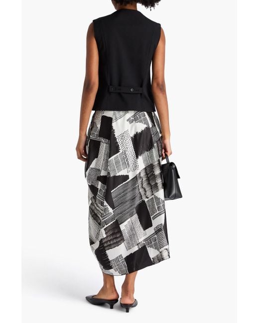 High White Draped Printed Satin Midi Skirt