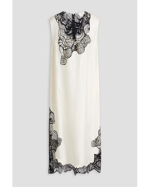 Loulou de Saison White Uma Macramé-trimmed Silk-twill Midi Dress
