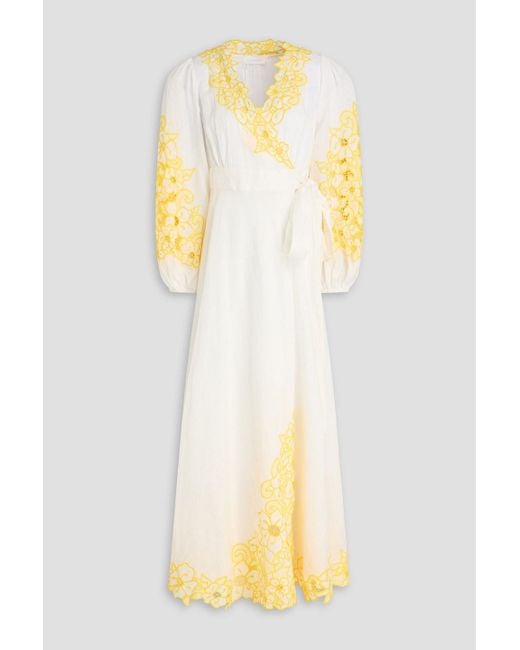 Zimmermann Yellow Broderie Anglaise Linen Maxi Wrap Dress