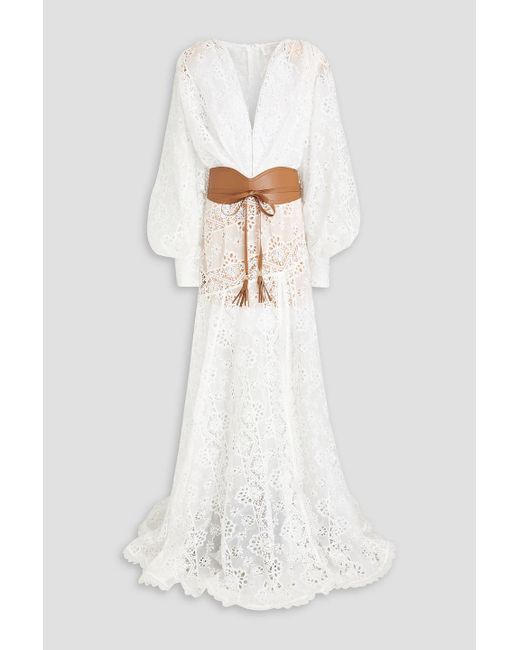Bronx and Banco White Adele Belted Guipure Lace Gown