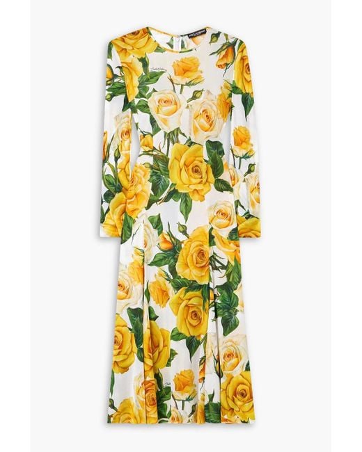 Dolce & Gabbana Yellow Midikleid aus organza mit floralem print