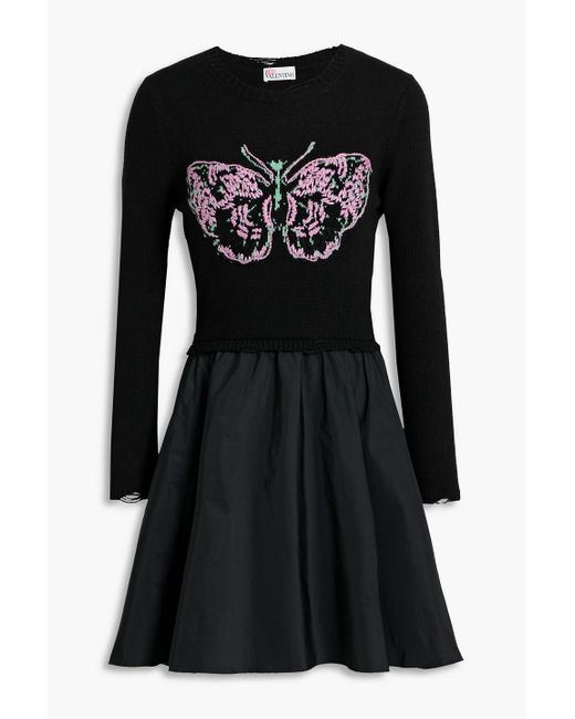 RED Valentino Black Embroidered Distressed Knitted And Taffeta Mini Dress