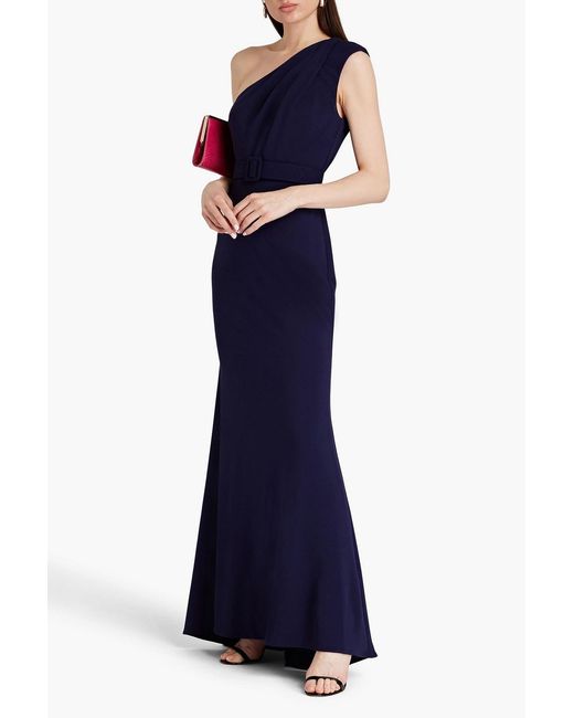 Badgley Mischka Blue One-shoulder Belted Crepe Gown