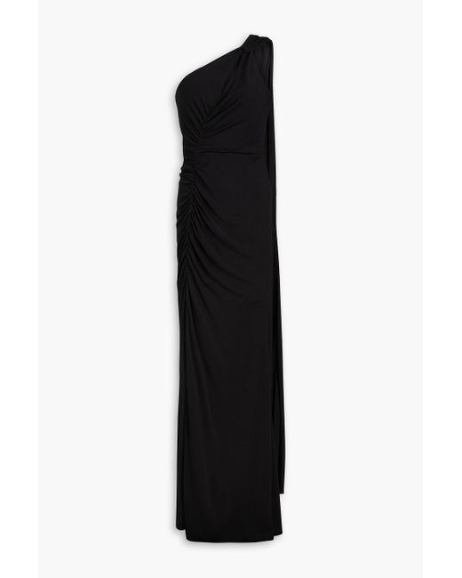 Marchesa Black One-shoulder Ruched Jersey Gown