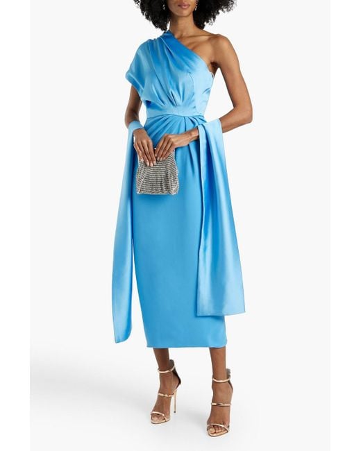 Rhea Costa Blue One-shoulder Draped Satin-crepe Midi Dress