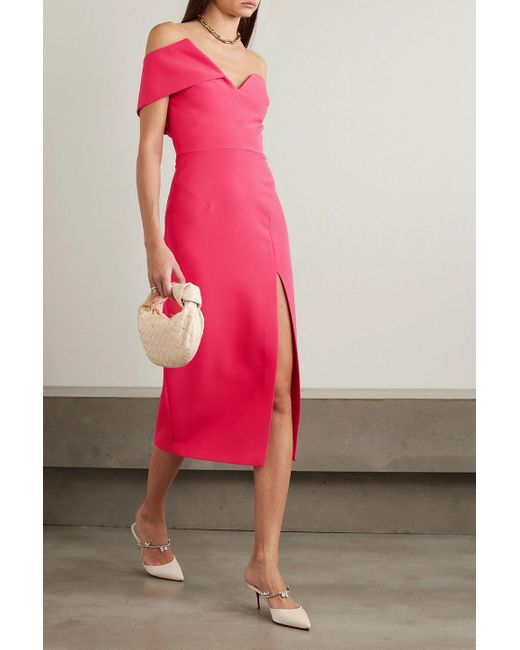 Safiyaa Pink Drapiertes midikleid "opal" aus stretch-crêpe mit asymmetrischer schulterpartie