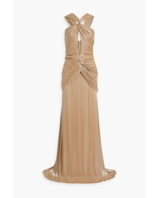 Costarellos Natural Twisted Cutout Satin-jacquard Gown