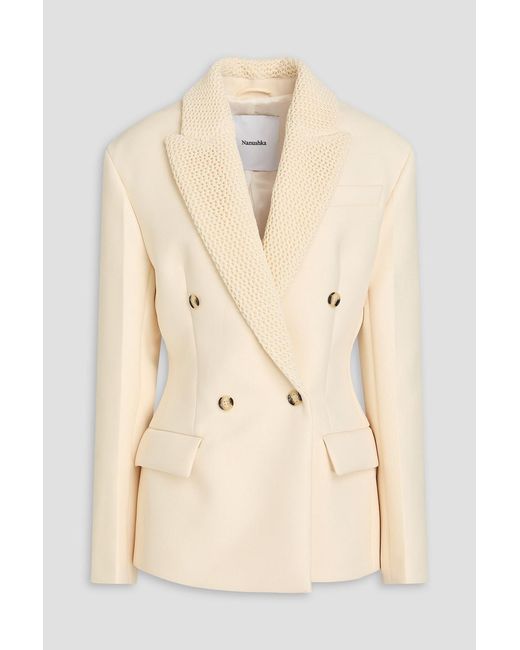 Nanushka Natural Double-Breasted Pointelle-Trimmed Crepe Blazer