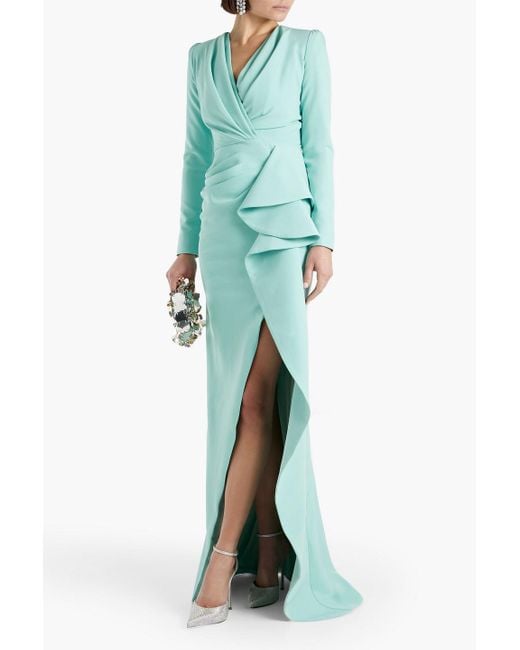 Rhea Costa Green Belted Draped Crepe Gown
