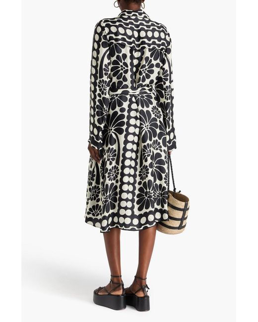 Farm Rio White Bead-embellished Printed Satin Midi Shirt Dress