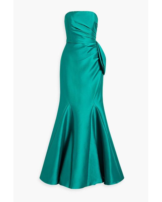 Badgley Mischka Green Strapless Bow-detailed Faille Gown