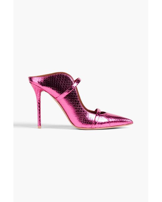 Malone Souliers Pink Maureen 100 Metallic Snake-effect Leather Mules