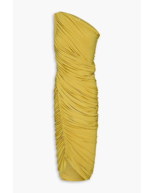 Norma Kamali Yellow Diana One-Shoulder Draped Stretch-Jersey Gown