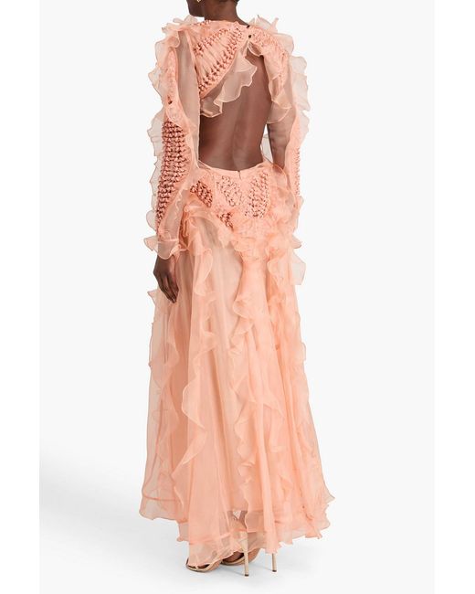 Zimmermann Pink Open-Back Ruffled Silk-Organza Maxi Dress