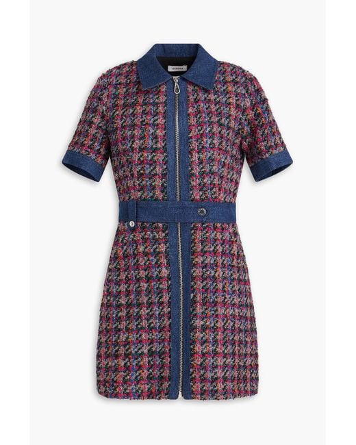 Sandro Blue Denim-trimmed Checked Tweed Mini Dress