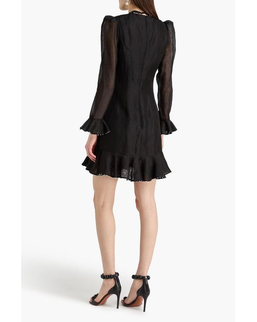 Zimmermann Black Ruffled Embellished Linen And Silk Blend-Gauze Mini Dress