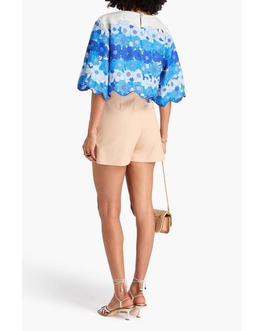 Farm Rio Blue Cropped Floral-Print Linen Top