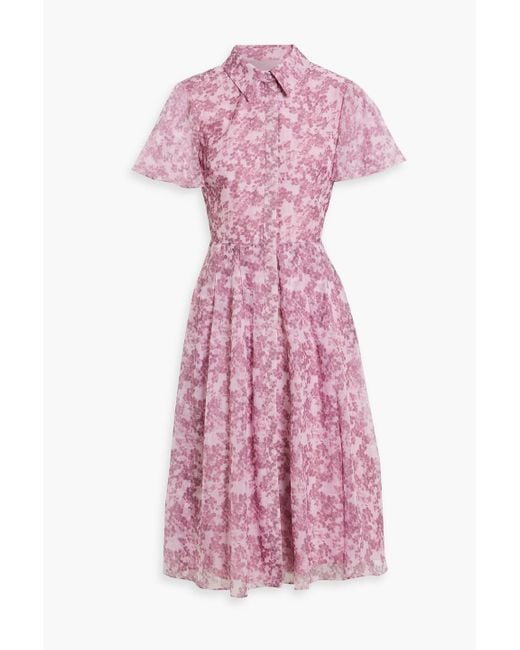 Mikael Aghal Pink Pleated Floral-Print Chiffon Shirt Dress