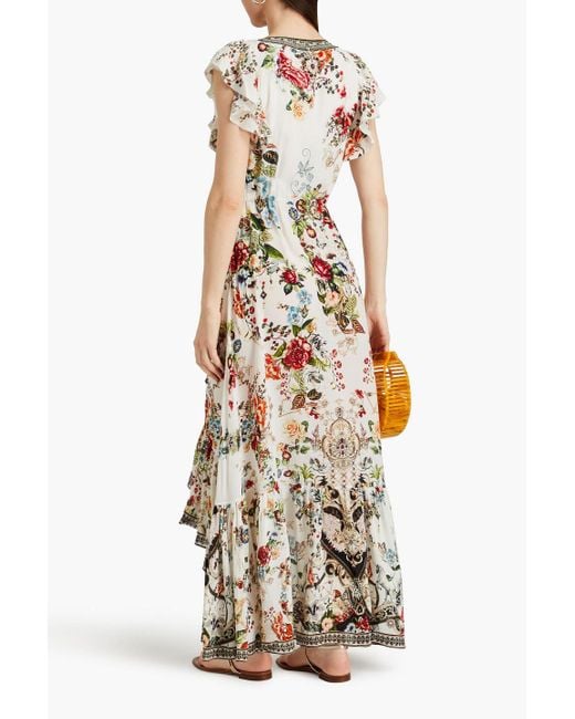 Camilla White Verziertes maxi-wickelkleid aus crêpe de chine aus seide mit floralem print