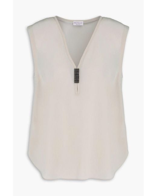Brunello Cucinelli White Bead-embellished Silk Crepe De Chine Top