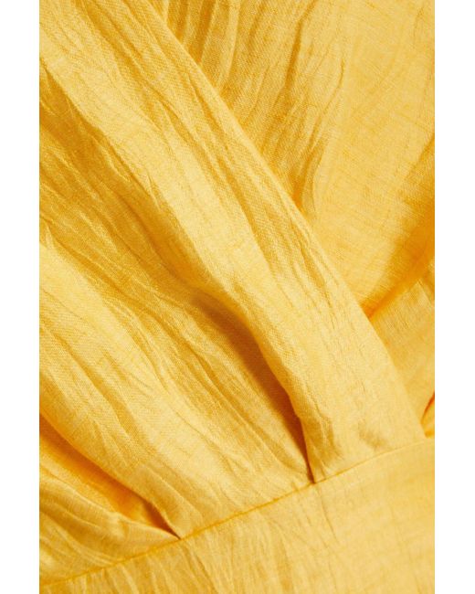 Maje Yellow Crinkled Linen-blend Mini Wrap Dress