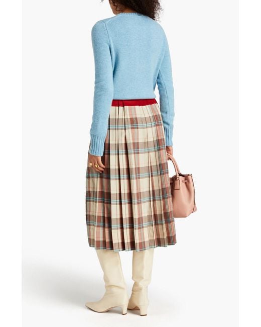 Tory Burch Natural Checked-paneled Silk And Cotton-blend Midi Skirt