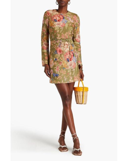 Zimmermann Green Belted Floral-print Linen Mini Dress