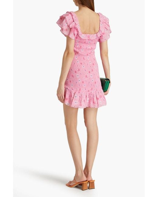 LoveShackFancy Pink Kodie Shirred Floral-print Cotton-voile Mini Dress