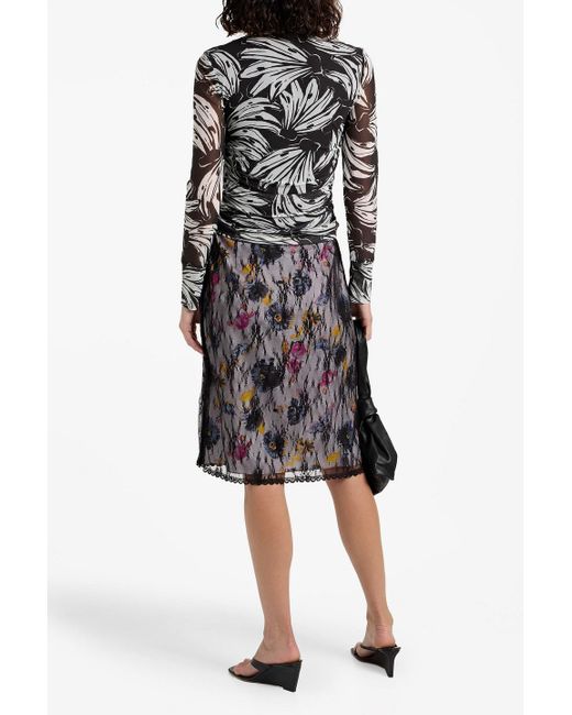 Farm Rio Black Ruched Printed Stretch-Mesh Top