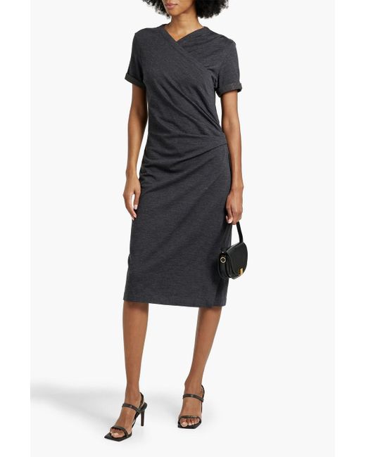Brunello Cucinelli Black Wrap-effect Bead-embellished Stretch-wool Jersey Midi Dress