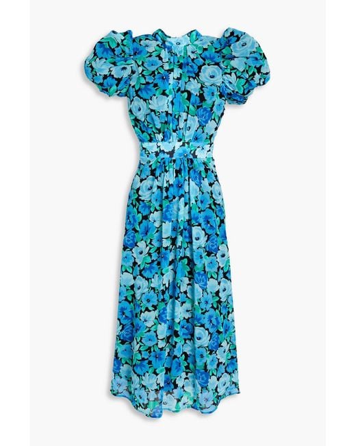 ROTATE BIRGER CHRISTENSEN Blue Shirred Floral-print Chiffon Midi Dress