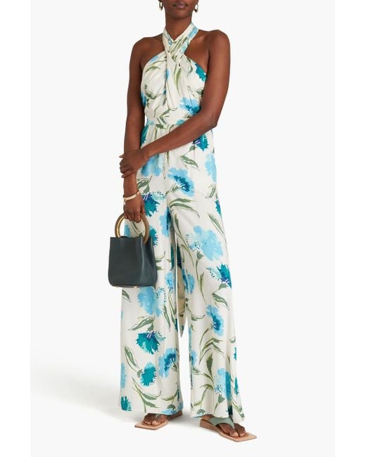 Diane von Furstenberg Blue Cort Floral-Print Twill Halterneck Wide-Leg Jumpsuit