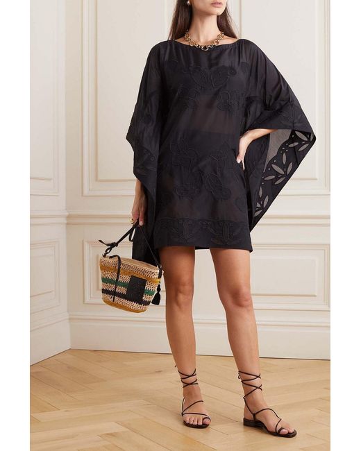Tory Burch Black Kaftan aus voile aus einer baumwoll-seidenmischung mit stickereien