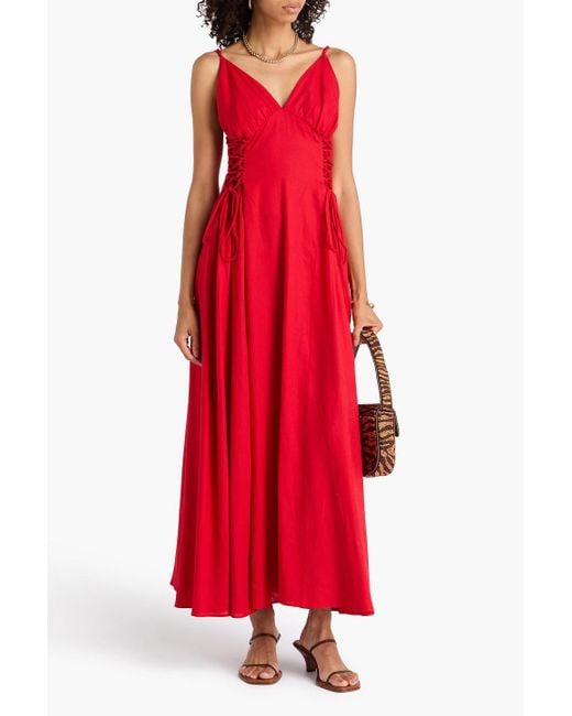 Farm Rio Red Embellished Lace-Up Linen-Blend Maxi Dress
