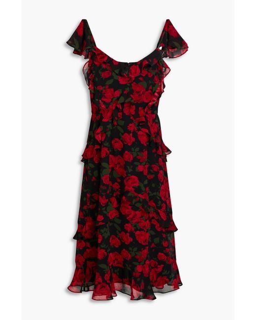 Mikael Aghal Red Ruffled Floral-Print Georgette Midi Dress