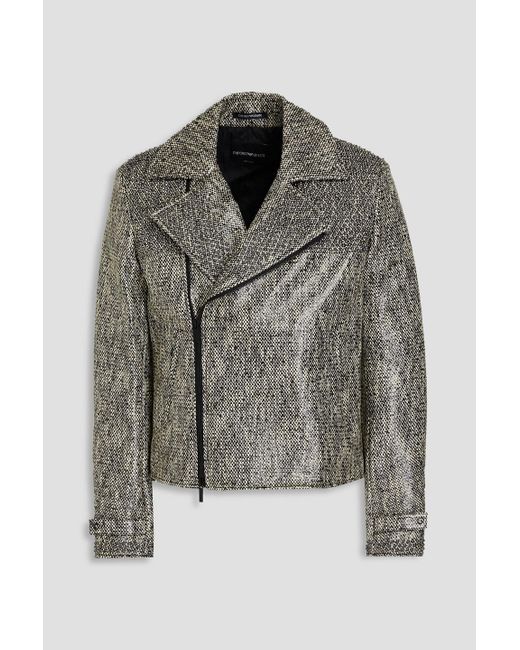 Emporio Armani Gray Studded Coated Tweed Biker Jacket for men