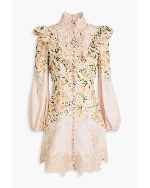 Zimmermann Natural Lace-trimmed Ruffled Floral-print Linen Mini Dress