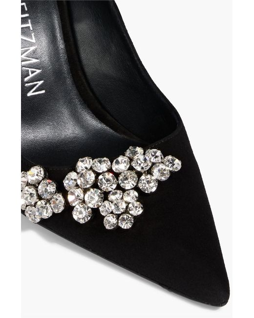Stuart Weitzman Black Fleur 100 Crystal-Embellished Suede Pumps