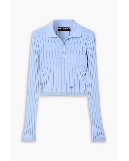 Dolce & Gabbana Blue Embellished Ribbed-Knit Polo Shirt
