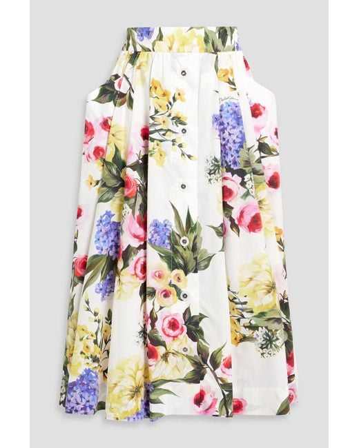 Dolce & Gabbana White Pleated Floral-Print Cotton-Poplin Midi Skirt