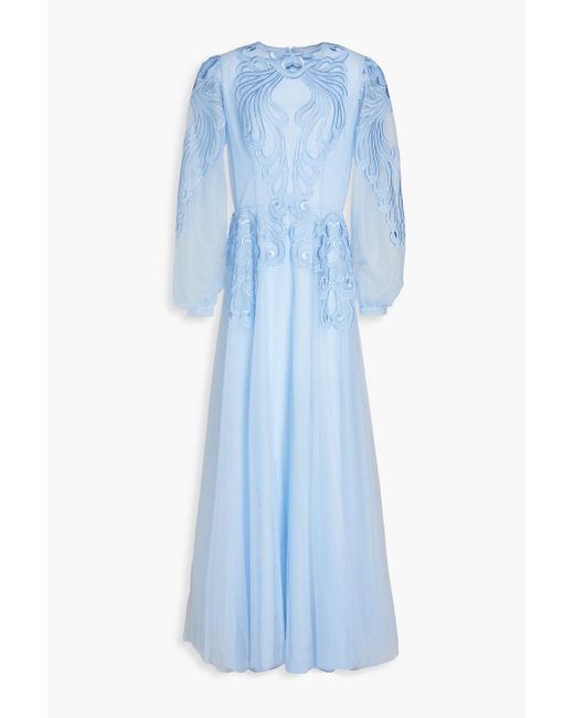 Costarellos Blue Embroidered Tulle-paneled Organza Gown