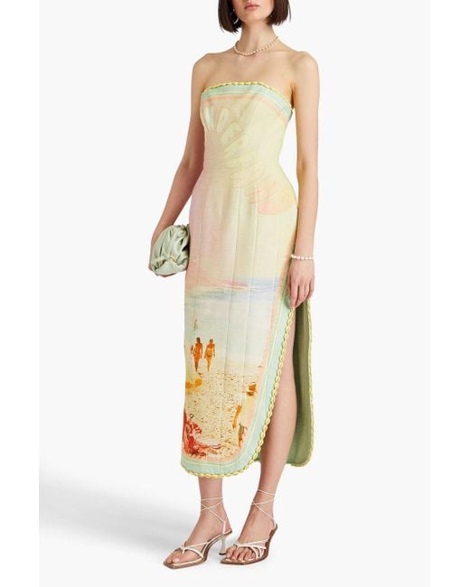 Zimmermann White Strapless Shell-embellished Printed Cotton And Linen-blend Midi Dress