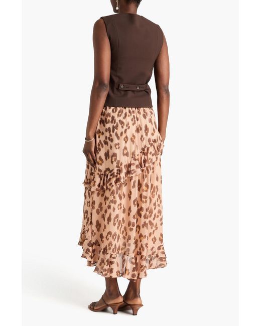 Zimmermann Pink Ruffled Leopard-Print Crepe De Chine Midi Skirt