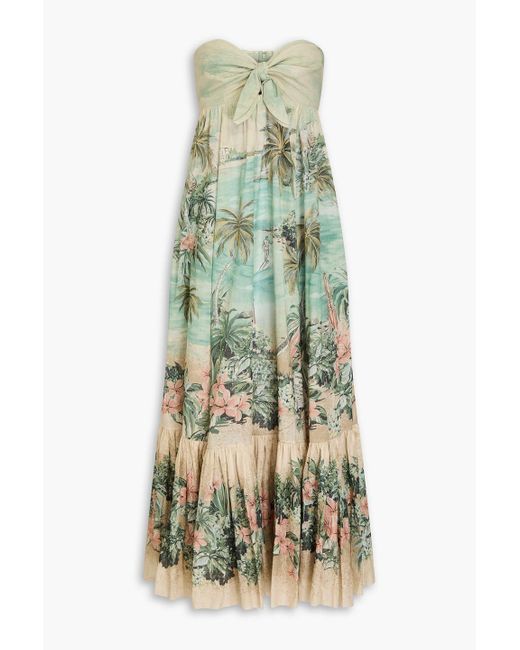Zimmermann Green Strapless Printed Cotton-gauze Midi Dress