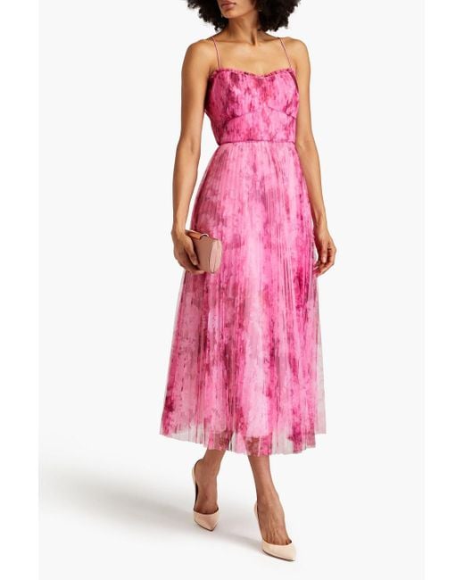 ML Monique Lhuillier Pink Pleated Printed Tulle Midi Dress