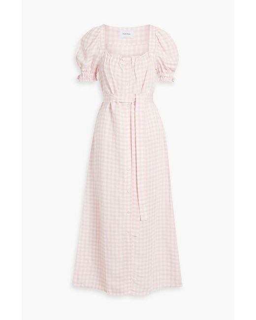 Sleeper Pink Brigitte Gingham Linen-blend Midi Dress