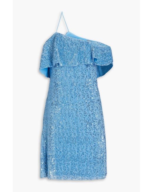Stine Goya Blue One-shoulder Metallic Sequined Mesh Mini Dress